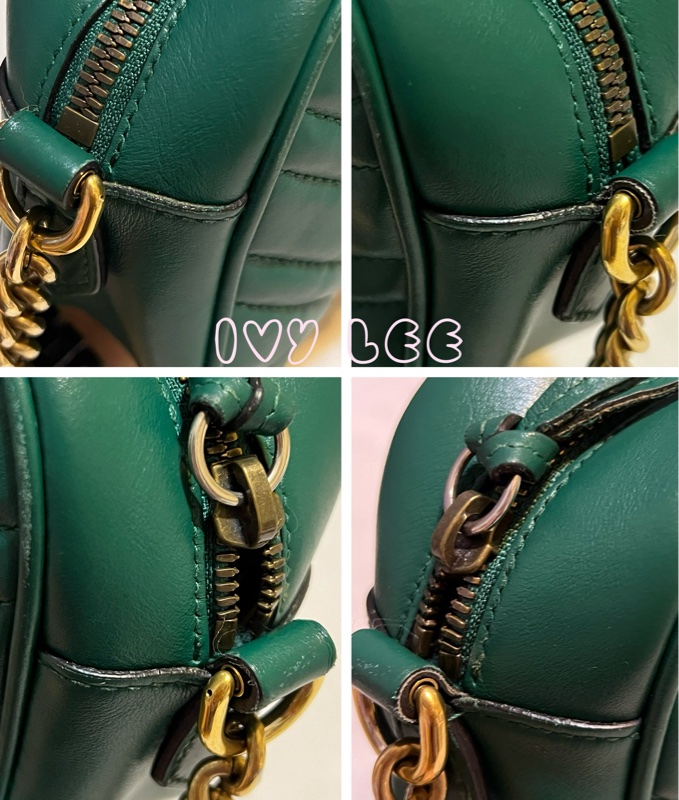 GUCCI GG(已售出)Marmont系列仿舊金色雙G LOGO牛皮山形紋拉鍊肩背包(綠色/447632)肩背包斜背包二手精品-14