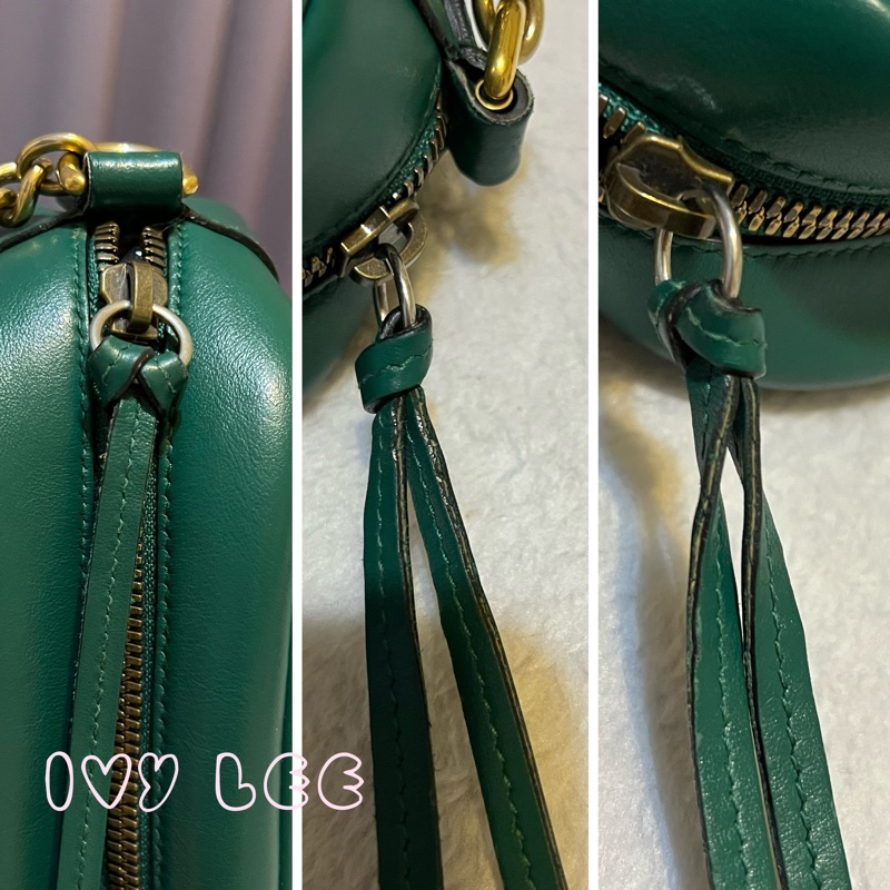 GUCCI GG(已售出)Marmont系列仿舊金色雙G LOGO牛皮山形紋拉鍊肩背包(綠色/447632)肩背包斜背包二手精品-15