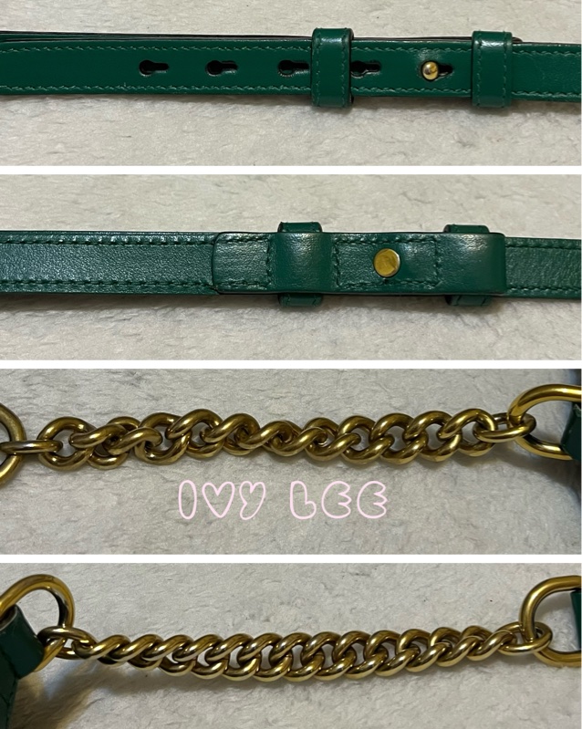 GUCCI GG(已售出)Marmont系列仿舊金色雙G LOGO牛皮山形紋拉鍊肩背包(綠色/447632)肩背包斜背包二手精品-16