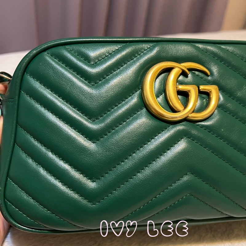 GUCCI GG(已售出)Marmont系列仿舊金色雙G LOGO牛皮山形紋拉鍊肩背包(綠色/447632)肩背包斜背包二手精品-19