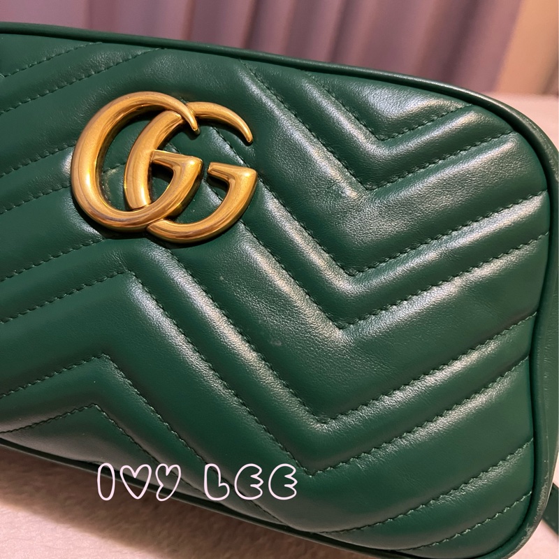 GUCCI GG(已售出)Marmont系列仿舊金色雙G LOGO牛皮山形紋拉鍊肩背包(綠色/447632)肩背包斜背包二手精品-20