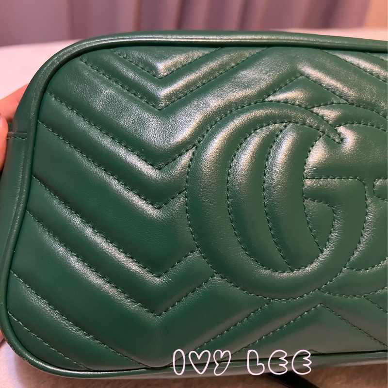 GUCCI GG(已售出)Marmont系列仿舊金色雙G LOGO牛皮山形紋拉鍊肩背包(綠色/447632)肩背包斜背包二手精品-21
