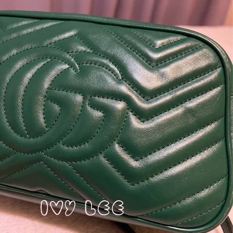 GUCCI GG(已售出)Marmont系列仿舊金色雙G LOGO牛皮山形紋拉鍊肩背包(綠色/447632)肩背包斜背包二手精品-22
