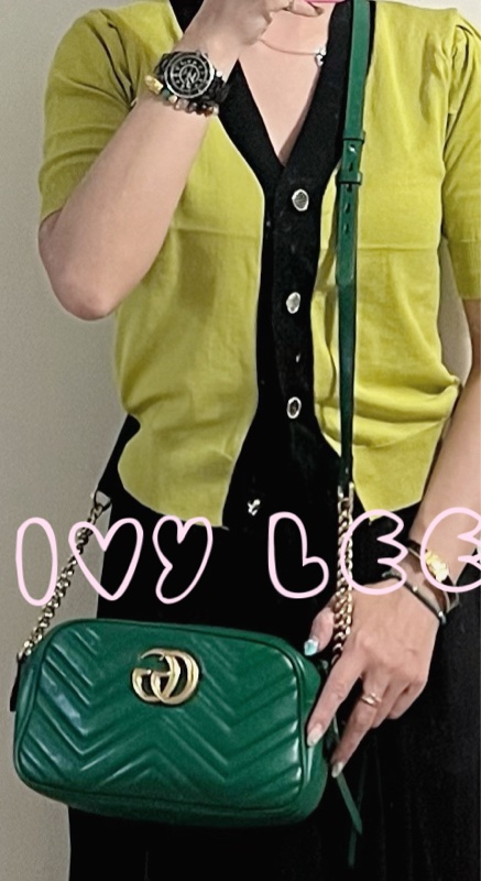 GUCCI GG(已售出)Marmont系列仿舊金色雙G LOGO牛皮山形紋拉鍊肩背包(綠色/447632)肩背包斜背包二手精品-24