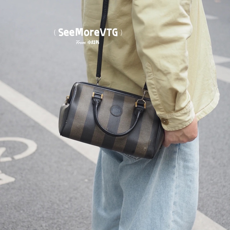 Fendi芬迪 胡桃木條紋波士頓包 手提包 醫生包-9