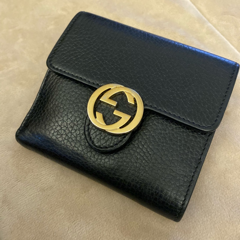 Gucci 黑金 零錢區 明顯使用痕跡 logo磨損使用痕跡 短夾 皮夾 卡夾-6