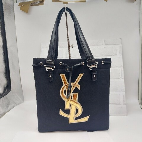 Yves Saint Laurent YSL 手袋托特包商務 A4 黑色帆布金扣時尚精品