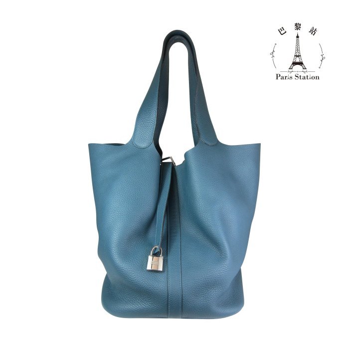 【巴黎站二手名牌專賣店】＊現貨＊HERMES 愛馬仕 真品＊🅁方框R刻土耳其藍銀扣菜籃子PICOTIN33手提包-0