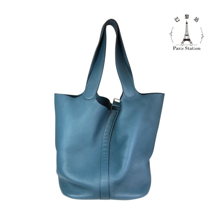 【巴黎站二手名牌專賣店】＊現貨＊HERMES 愛馬仕 真品＊🅁方框R刻土耳其藍銀扣菜籃子PICOTIN33手提包-1