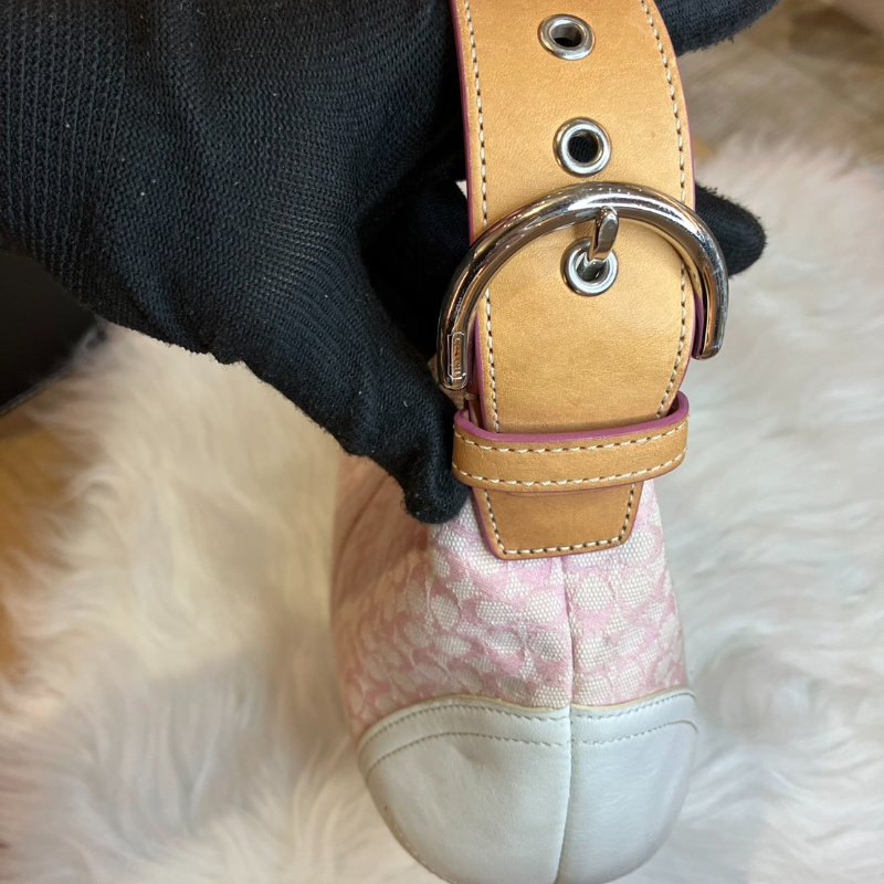 【舊愛新歡】COACH粉色白邊單肩緹花布小包-5