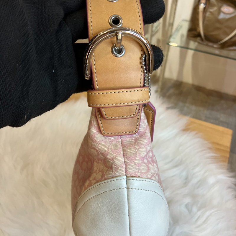 【舊愛新歡】COACH粉色白邊單肩緹花布小包-6