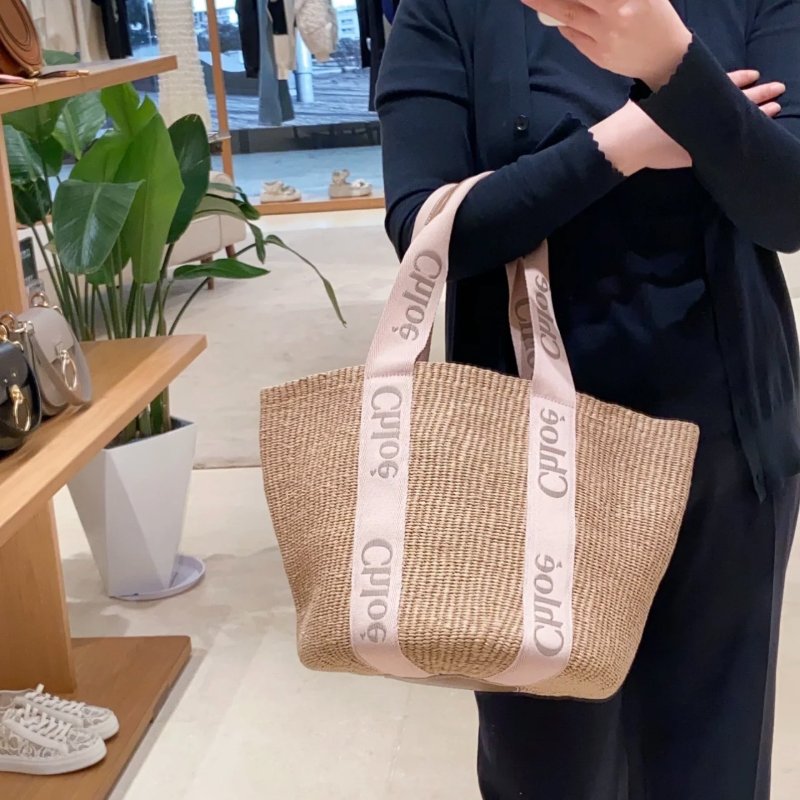 🎉秋冬新品★Chloe 大款 Woody 飾邊絲帶草編包 粉紅米色/原色-4