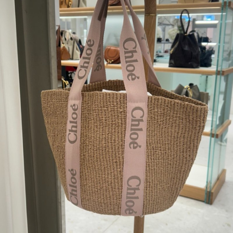 🎉秋冬新品★Chloe 大款 Woody 飾邊絲帶草編包 粉紅米色/原色-6