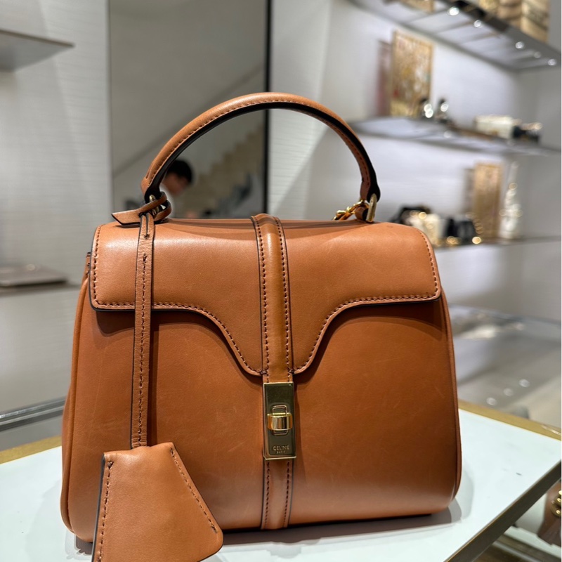 Celine 天然牛皮革小型16手袋 黃褐色 微風信義購入全配有發票 氣質質感上班族-0