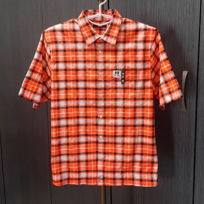 美版正品DIESEL 柴油 男螢光橘格紋重磅微彈性短袖襯衫M-0