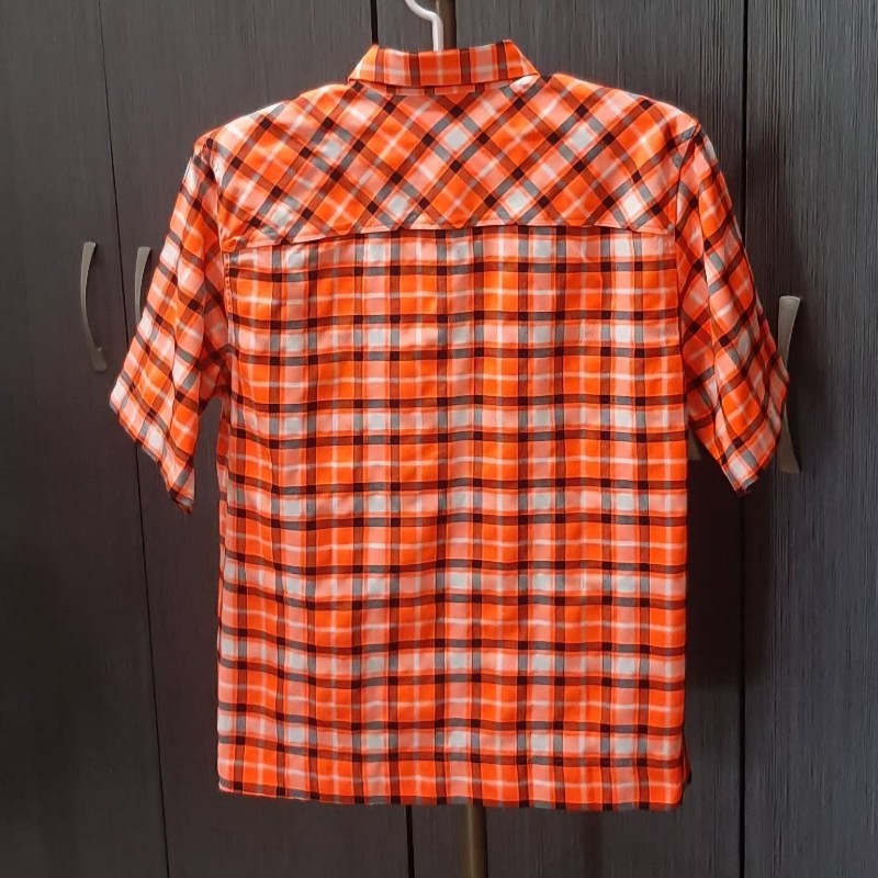美版正品DIESEL 柴油 男螢光橘格紋重磅微彈性短袖襯衫M-1