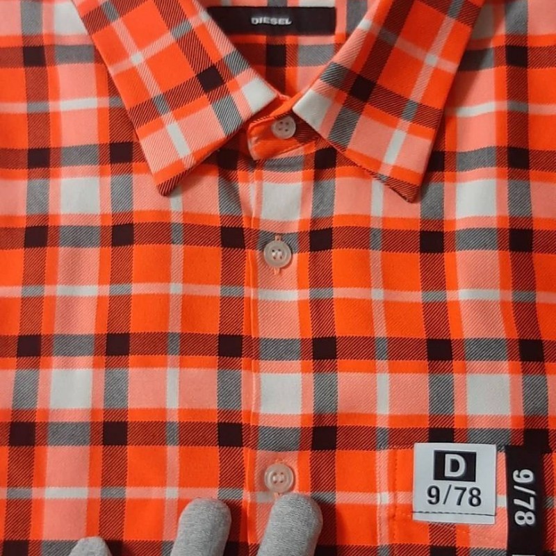 美版正品DIESEL 柴油 男螢光橘格紋重磅微彈性短袖襯衫M-2