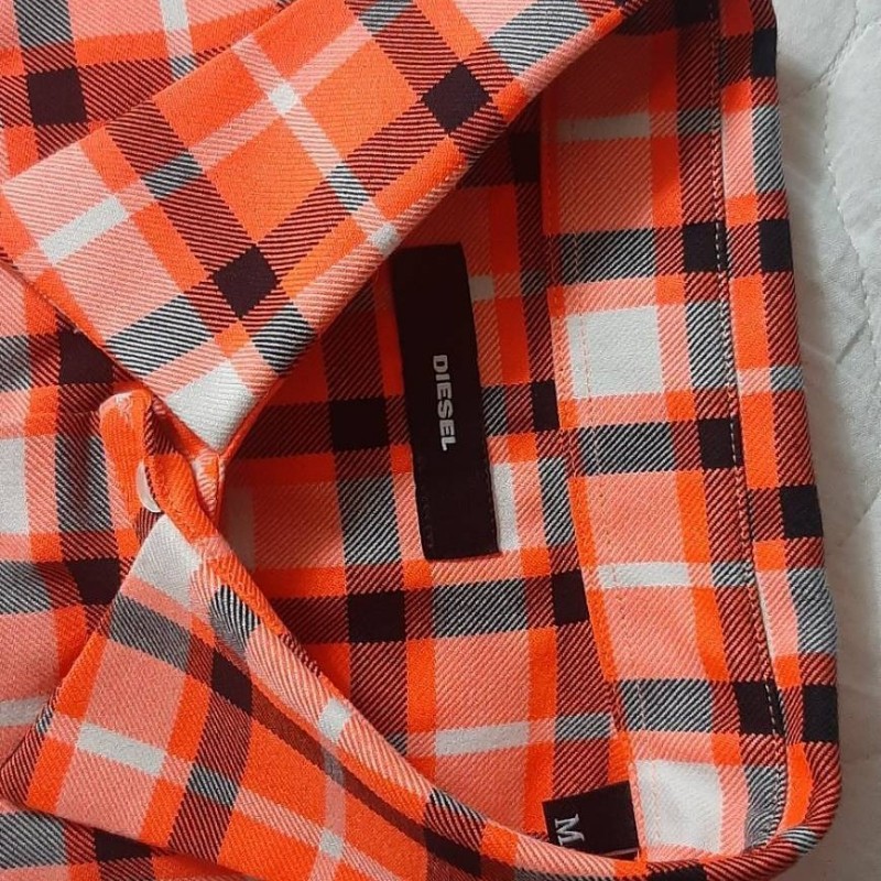 美版正品DIESEL 柴油 男螢光橘格紋重磅微彈性短袖襯衫M-4