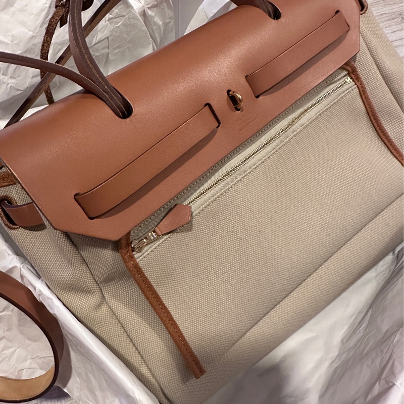 二手真品 Hermes 愛馬仕 Herbag 31 金棕金 冰川白-4