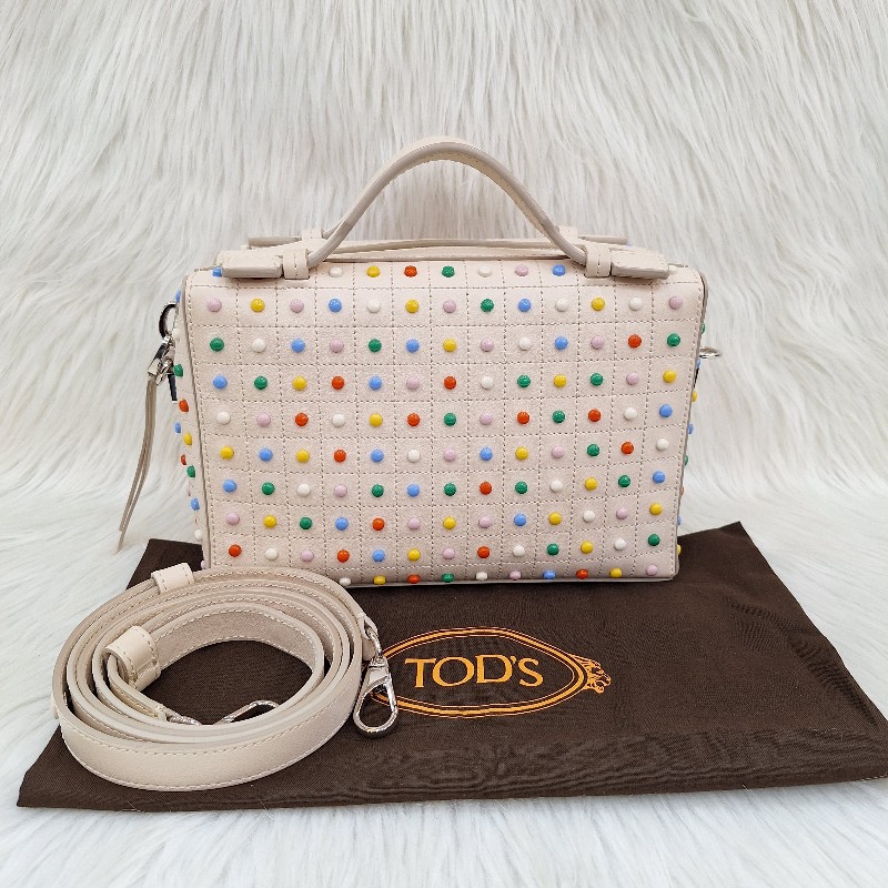 TODS 杏色牛皮 彩色 豆豆包手提/斜背肩背拉鍊方塊包-0