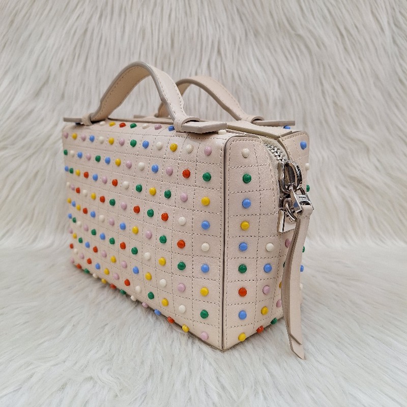 TODS 杏色牛皮 彩色 豆豆包手提/斜背肩背拉鍊方塊包-5