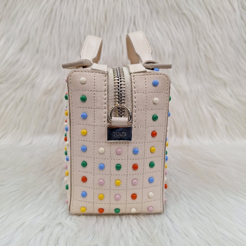 TODS 杏色牛皮 彩色 豆豆包手提/斜背肩背拉鍊方塊包-8