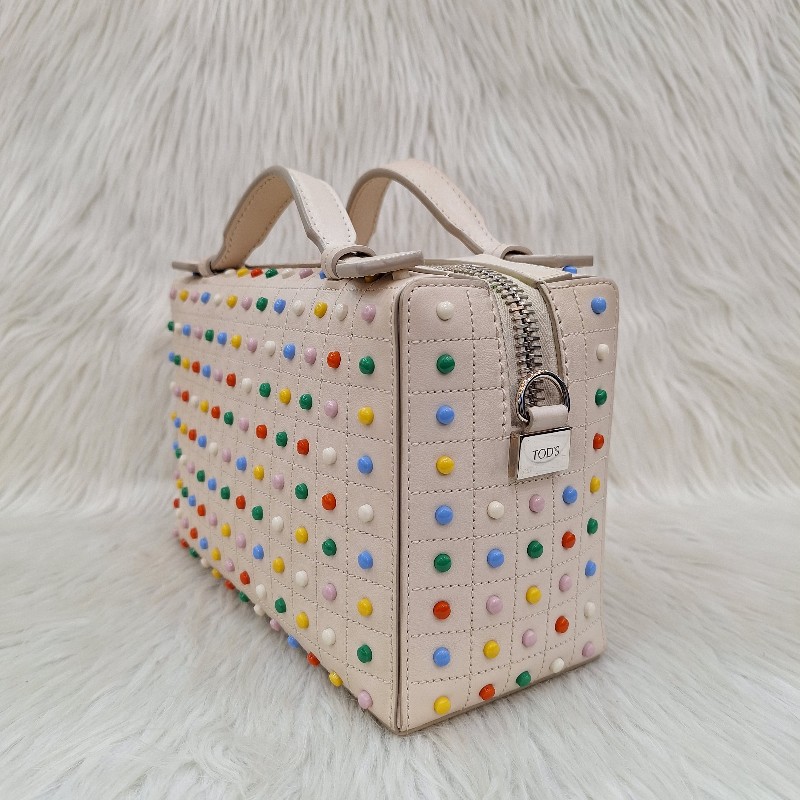 TODS 杏色牛皮 彩色 豆豆包手提/斜背肩背拉鍊方塊包-9