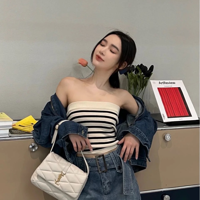 YSL Saint Laurent LE 57系列奶油白小 羊皮絎縫腋下包/肩背包 24cm-24