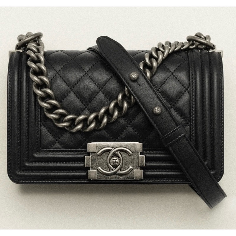 （9成9新） Chanel Boy 黑銀20荔枝牛皮 小型口蓋包-0