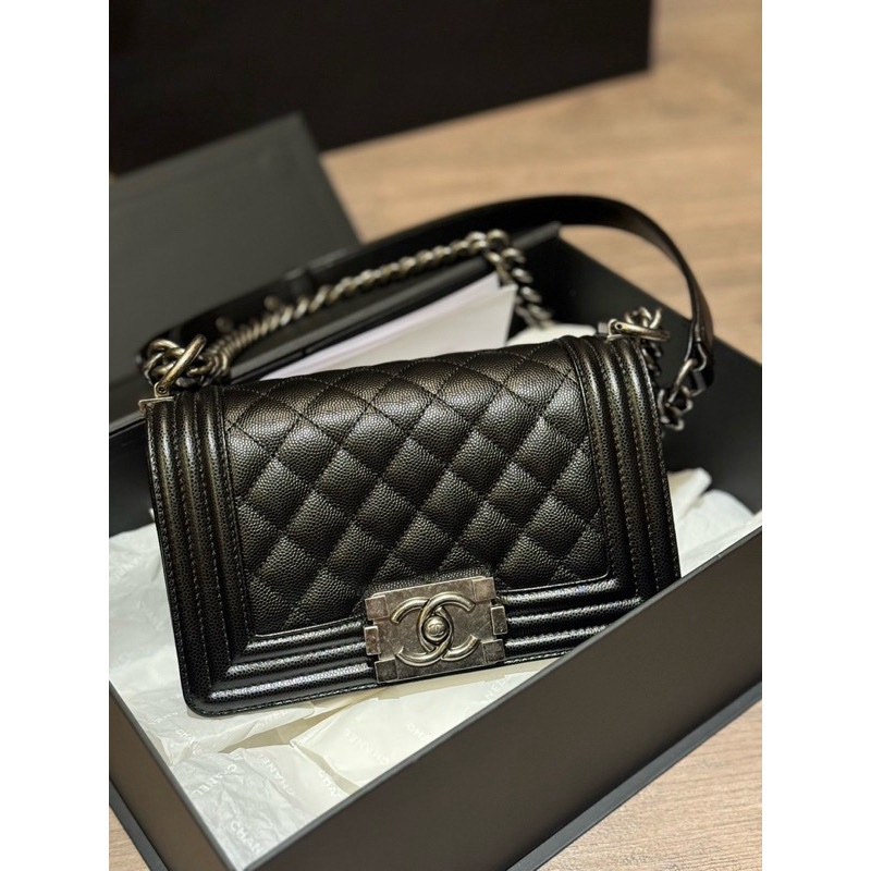 （9成9新） Chanel Boy 黑銀20荔枝牛皮 小型口蓋包-1