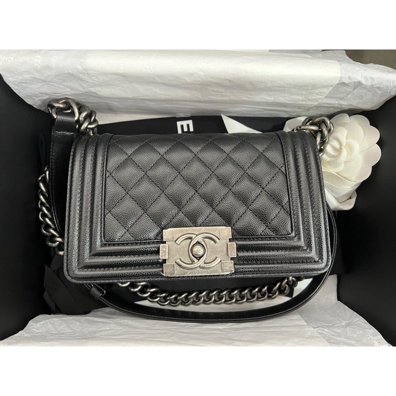 （9成9新） Chanel Boy 黑銀20荔枝牛皮 小型口蓋包-2