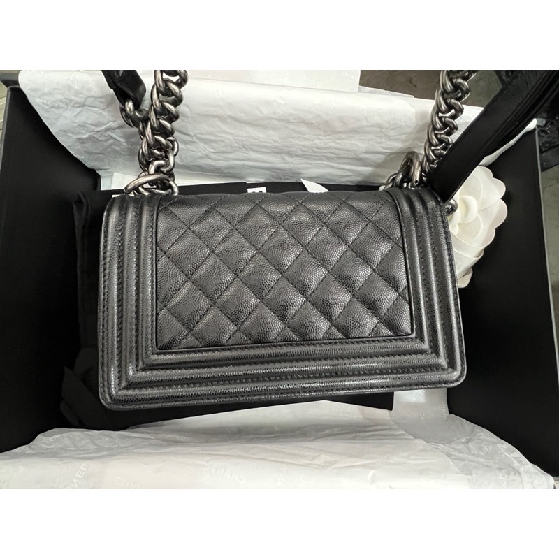 （9成9新） Chanel Boy 黑銀20荔枝牛皮 小型口蓋包-5