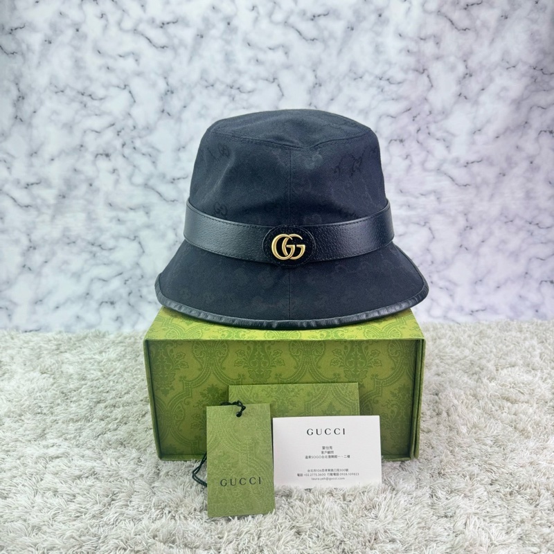 GUCCI 經典GG 金釦LOGO帆布皮革飾邊漁夫帽(黑)  ⭕️全新閒置品⭕️-0