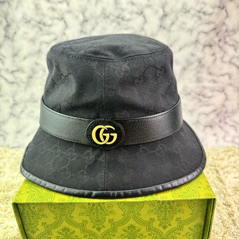GUCCI 經典GG 金釦LOGO帆布皮革飾邊漁夫帽(黑)  ⭕️全新閒置品⭕️-6