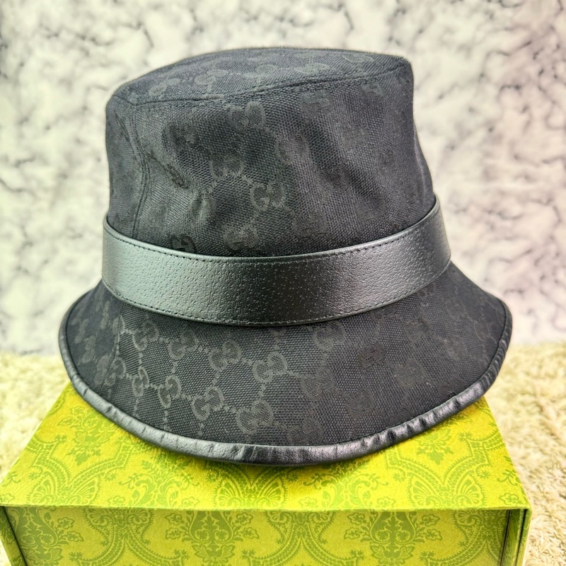 GUCCI 經典GG 金釦LOGO帆布皮革飾邊漁夫帽(黑)  ⭕️全新閒置品⭕️-7