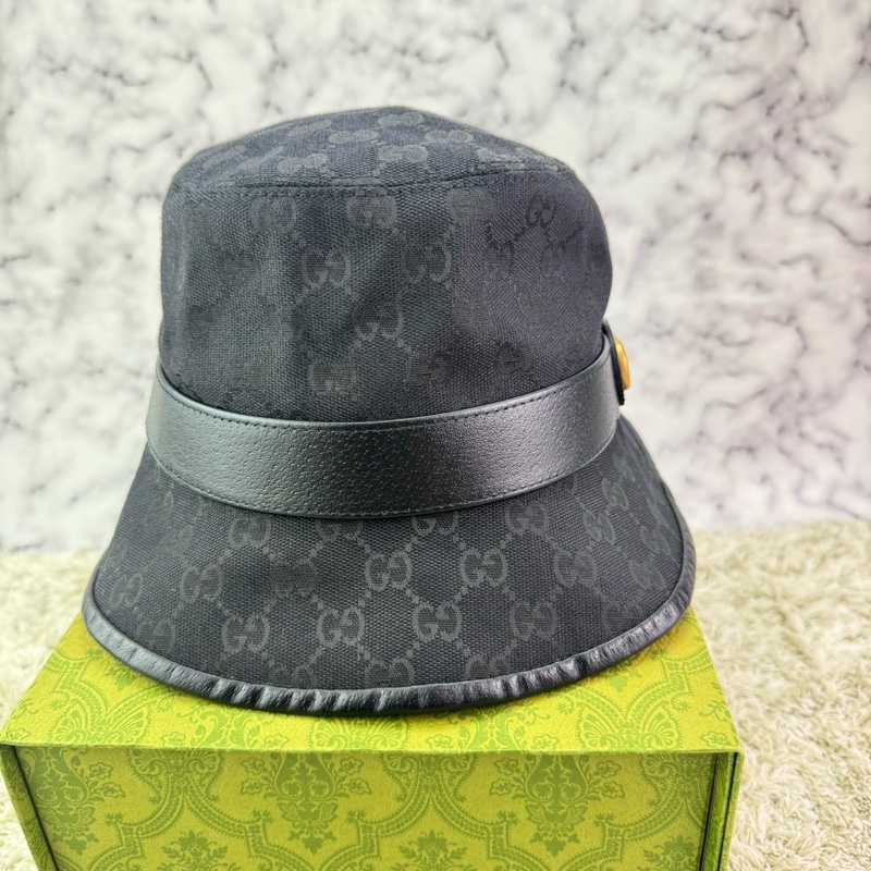 GUCCI 經典GG 金釦LOGO帆布皮革飾邊漁夫帽(黑)  ⭕️全新閒置品⭕️-14