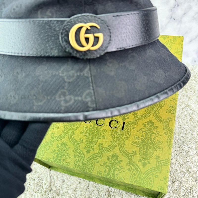 GUCCI 經典GG 金釦LOGO帆布皮革飾邊漁夫帽(黑)  ⭕️全新閒置品⭕️-22