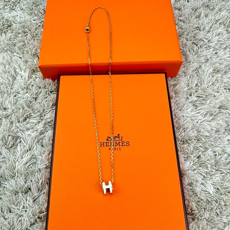 HERMES  愛馬仕  經典琺瑯  POP白色玫瑰金項鍊mini-8