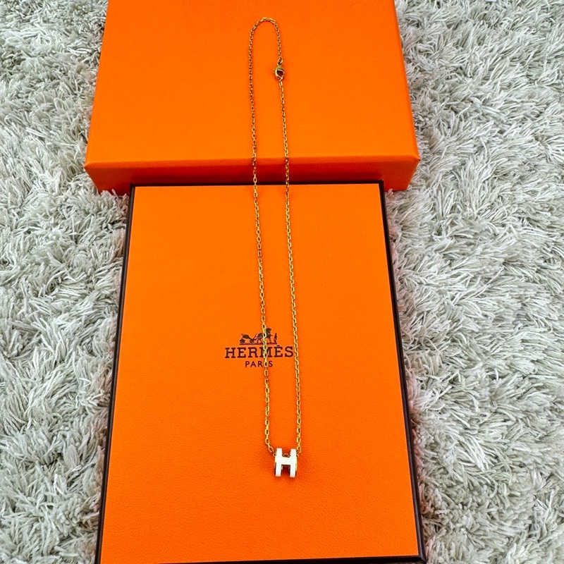 HERMES  愛馬仕  經典琺瑯  POP白色玫瑰金項鍊mini-9