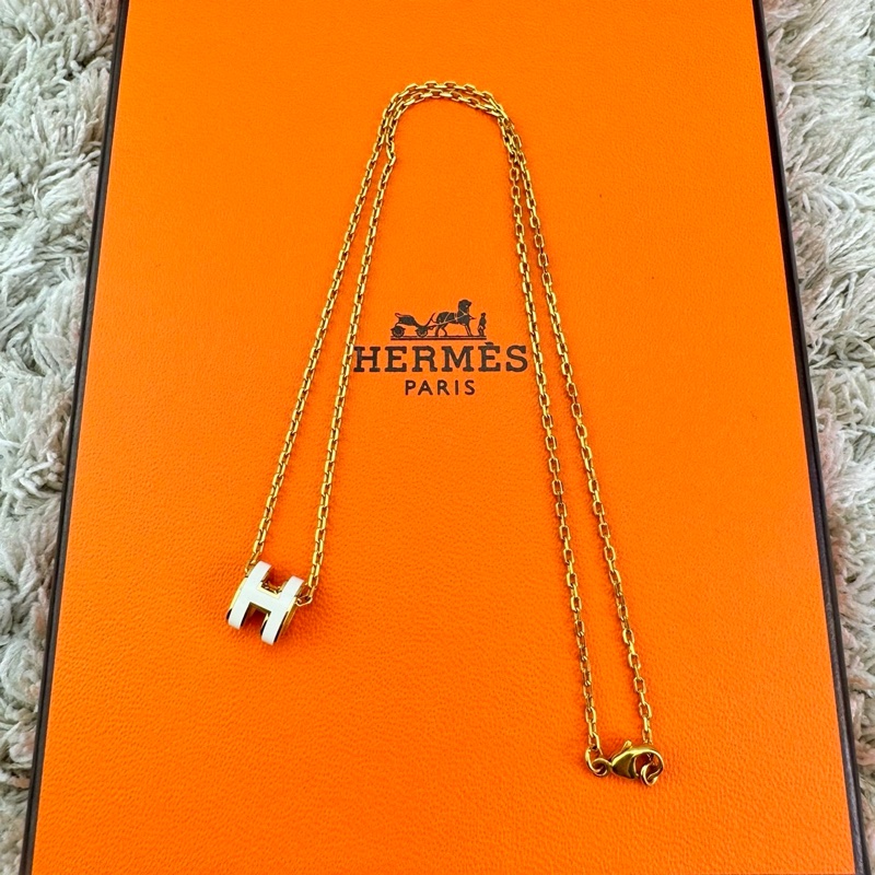 HERMES  愛馬仕  經典琺瑯  POP白色玫瑰金項鍊mini-14