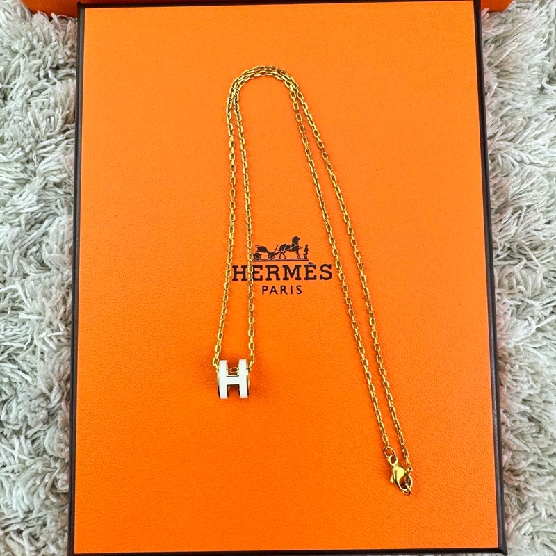 HERMES  愛馬仕  經典琺瑯  POP白色玫瑰金項鍊mini-15