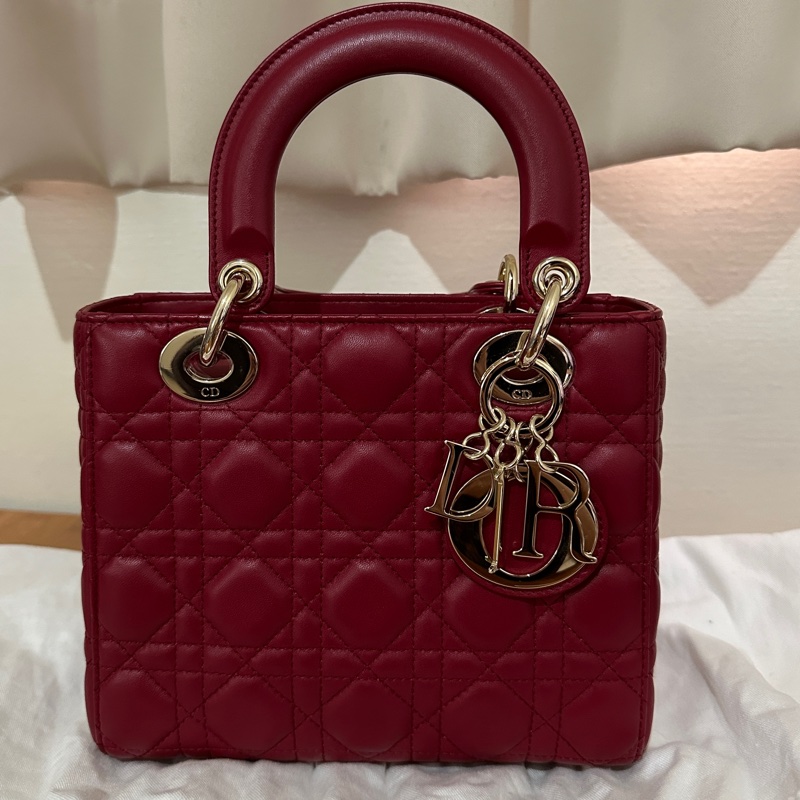 酒紅皮金釦Lady Dior 黛妃包小號-0