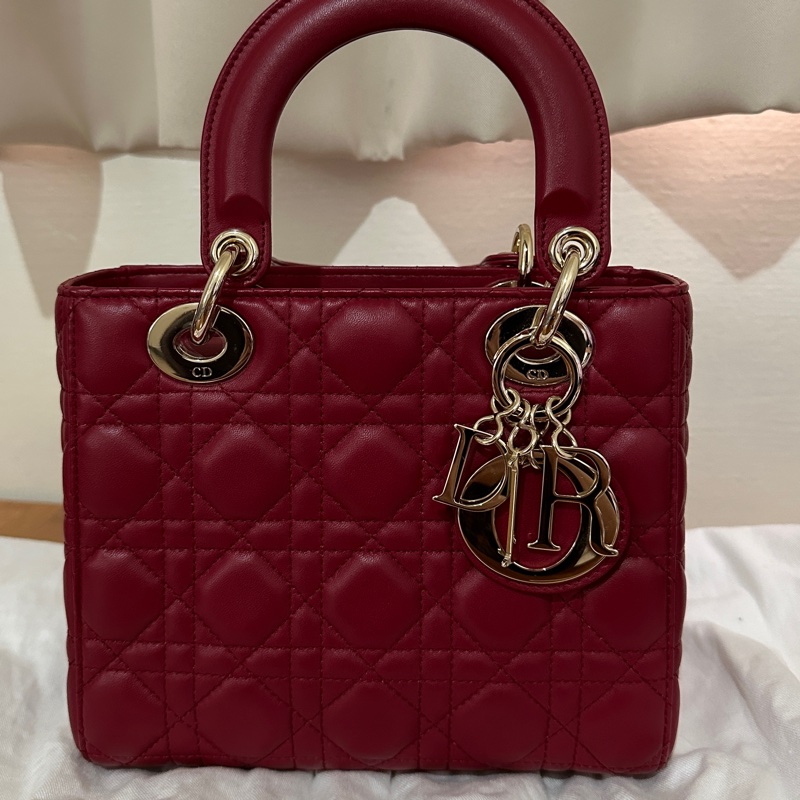 酒紅皮金釦Lady Dior 黛妃包小號-7