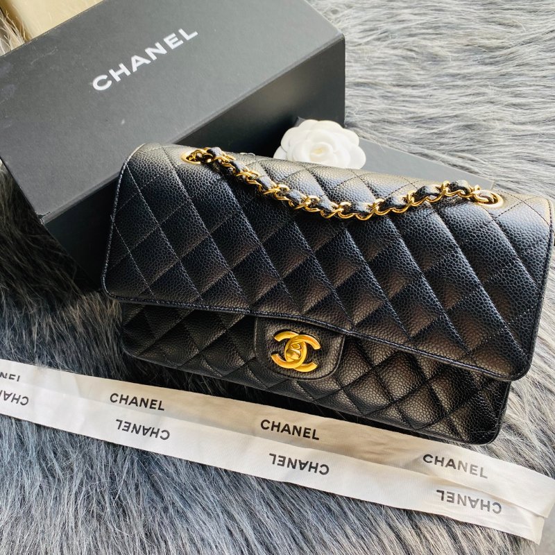 CHANEL 香奈兒 Classic Flap CF 黑金荔枝皮 25ＣＭ斜背包/肩背包-0