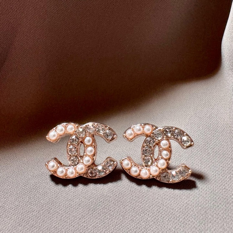 Chanel Vintage珍珠水鑽雙C鈕扣耳環-0