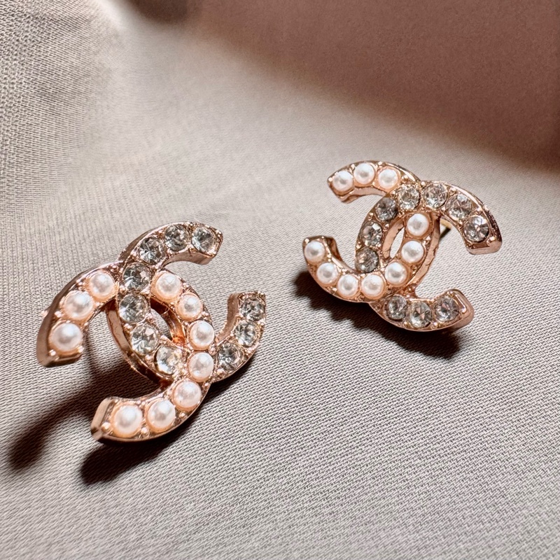 Chanel Vintage珍珠水鑽雙C鈕扣耳環-1