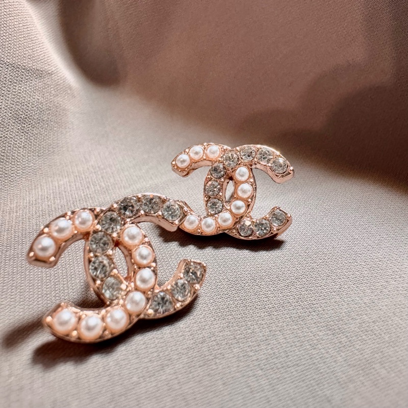 Chanel Vintage珍珠水鑽雙C鈕扣耳環-2