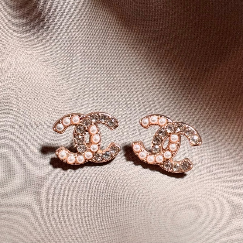 Chanel Vintage珍珠水鑽雙C鈕扣耳環-3