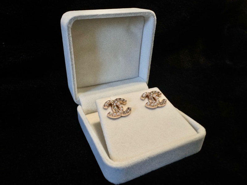 Chanel Vintage珍珠水鑽雙C鈕扣耳環-5