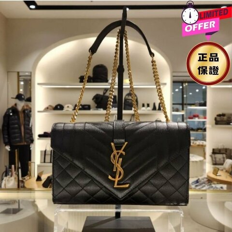 ⏰限時特賣 專櫃8萬6千3🌺Saint Laurent YSL 600195 三種衍縫粒面壓紋皮革信封包  黑色及 金色Logo